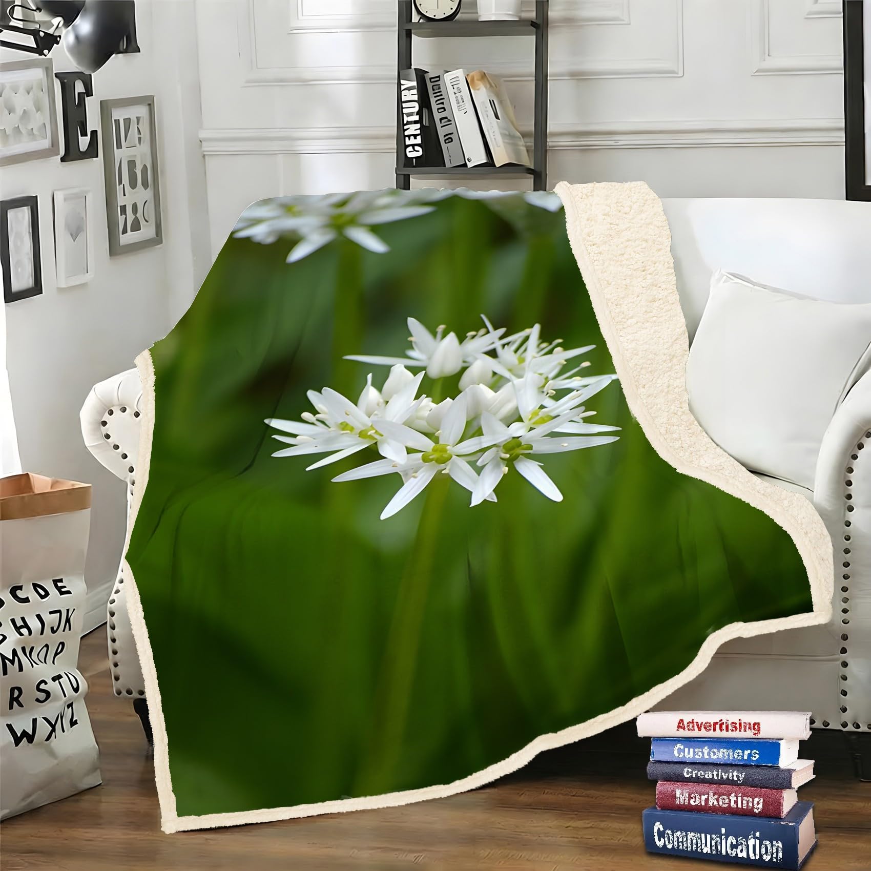 LLSZAHD White Flowers Sherpa Throw Plants Soft and Fluffy Fleece Throw Blanket, Cozy Bed Throw for Sofa, Armchair or Travel, 130 x 170 cm