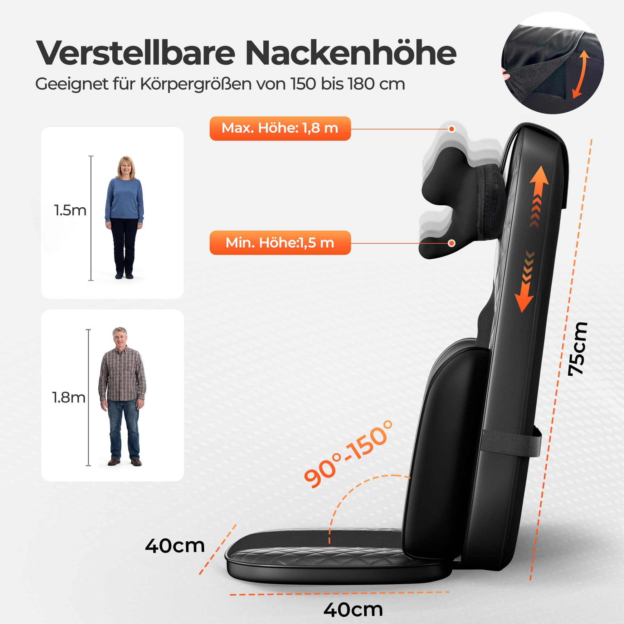 Shiatsu Massagesitzauflage, Massagegerät Rücken mit Knetmassage, Rollmassage & Vibration, Rückenmassagegerät mit Wärme mit 2 Nacken-Wechselköpfen für Nacken Schulter Rücken und Oberschenkel