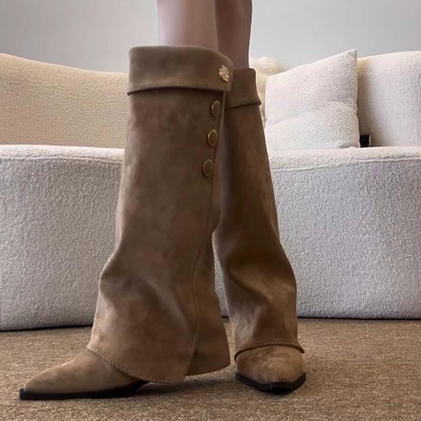 Botas de Invierno Mujer Botas Altas de Moda con tacón, Punta Fina y caña apilable, Estilo Ecuestre, cómodas para Uso Diario.