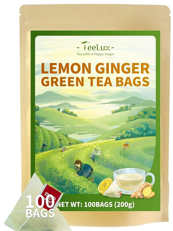 TeeLux Chá Verde com Gengibre e Limão, Sencha, Baixo Teor de Cafeína, 100 sachês
