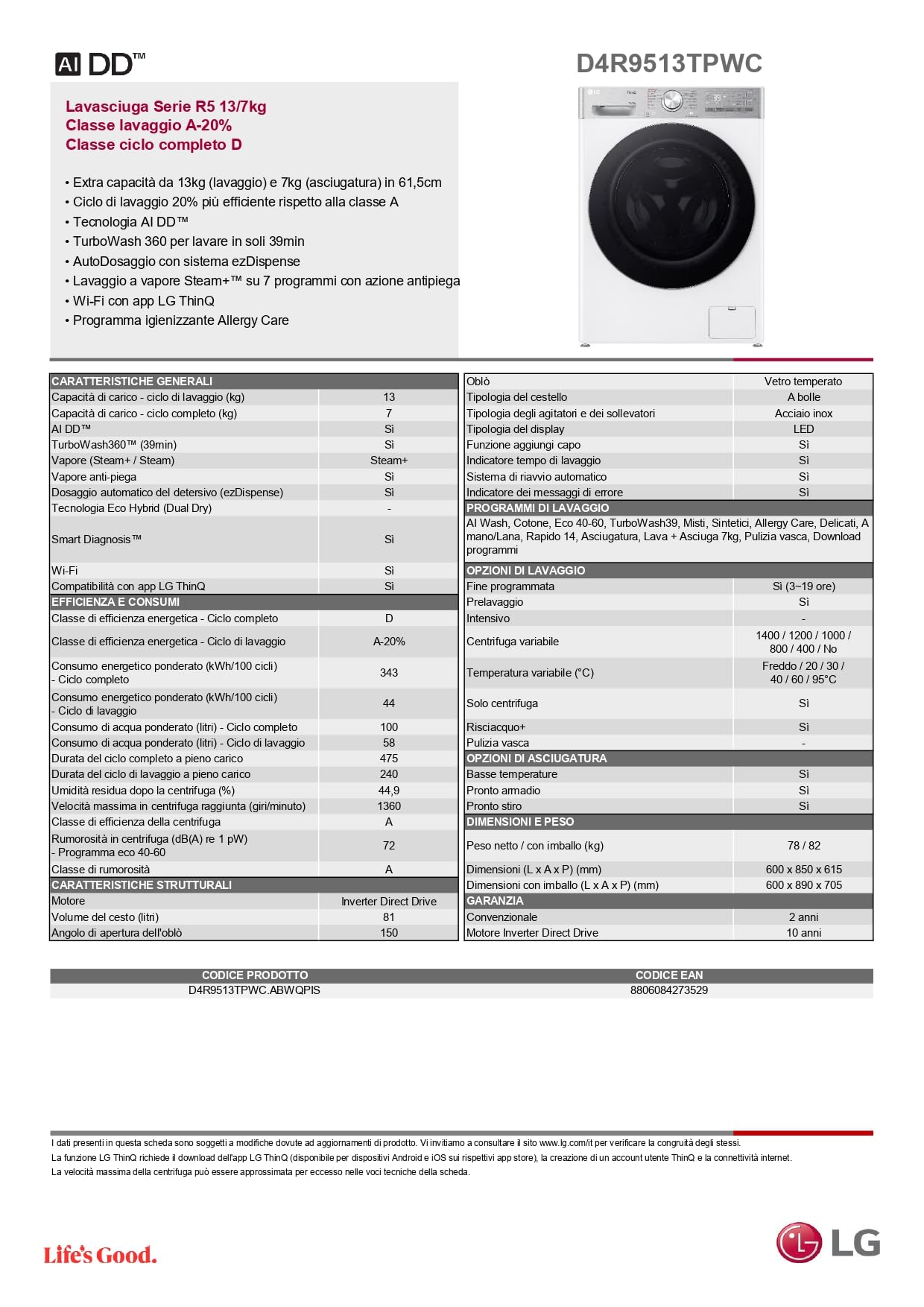LG AI DD D4R9513TPWC Lavasciuga 13/7kg, Serie R9, Classe D, Lavatrice Asciugatrice, 1400 Giri, TurboWash 360, Vapore Steam+ e Antipiega, Autodosaggio, Wi-Fi, Bianca