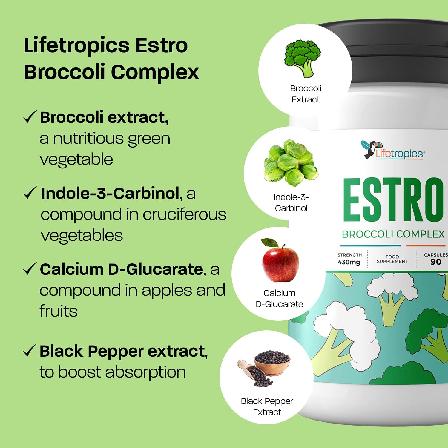 Lifetropics Estro Broccoli Complex - Estrogen Balance Supplement - 500mg Broccoli and Calcium D-Glucarate - 90 Vegetable Capsules - Image 4
