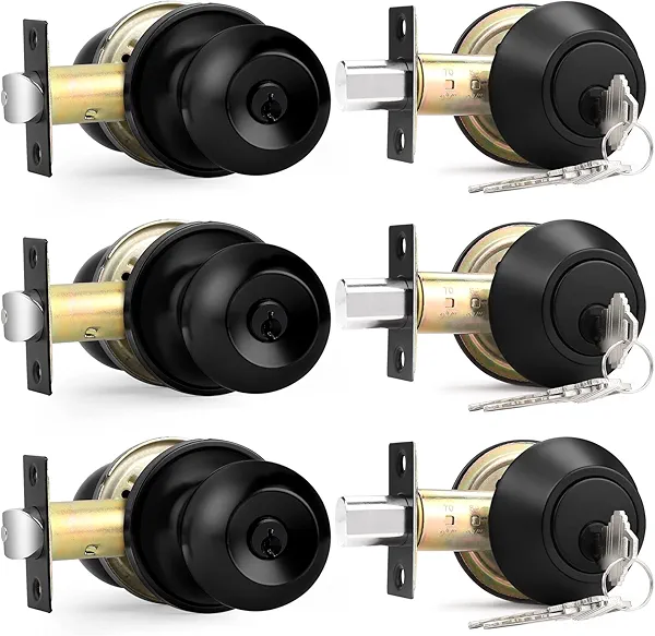 Probrico Flat Black Double Cylinder Handleset Combo Pack Keyed Alike Entry Knobs with Deadbolts Exterior Hardware for Outside Gate and Front Door 3 Pack
