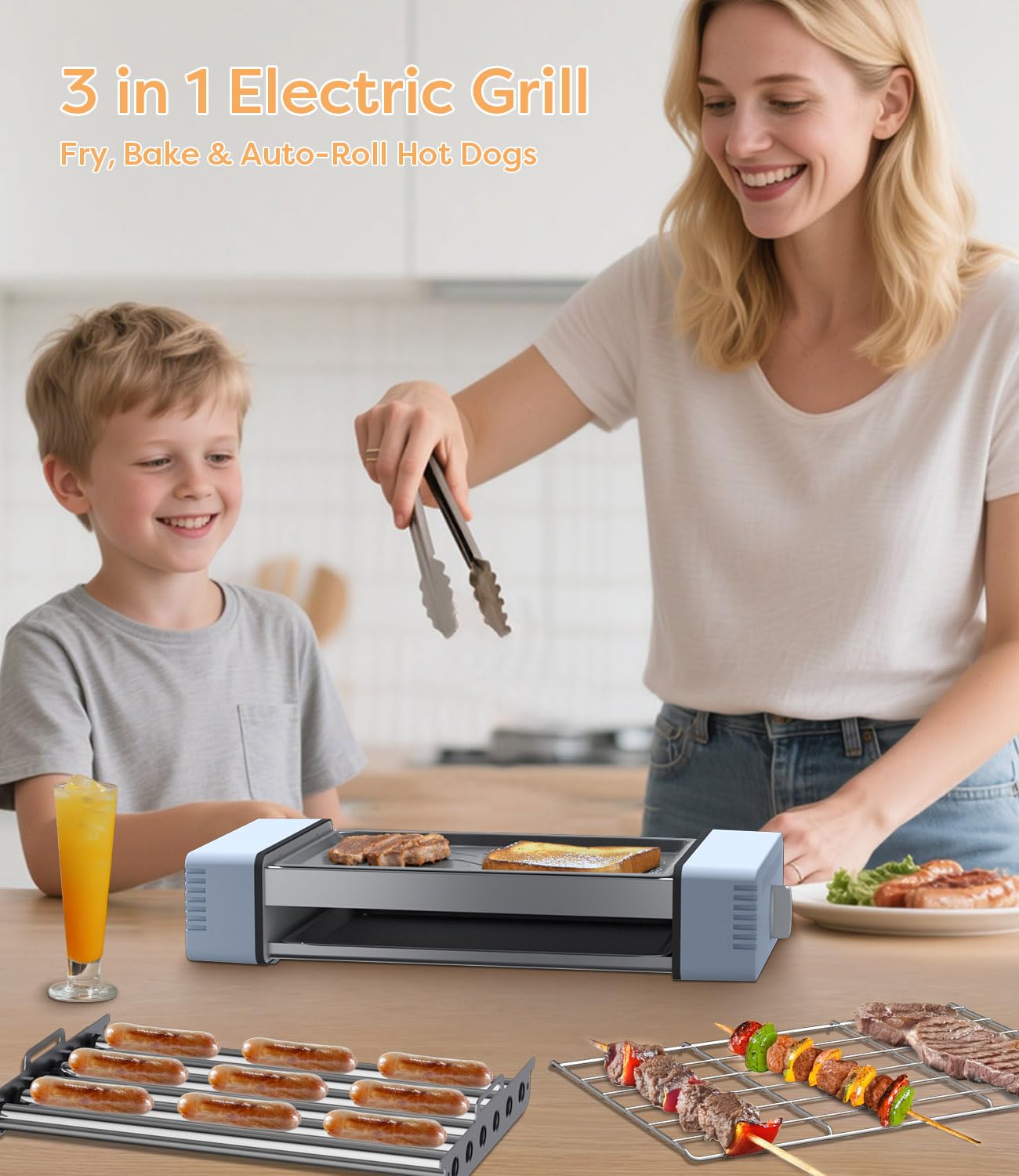 3 in 1 Electric Hot Dog Roller Machine for home,Compact Indoor Grill with Removable 6 Hotdog Roller Grill Nonstick Grate & Pan,Fits 9 Sausage for Family BBQ,Game Night