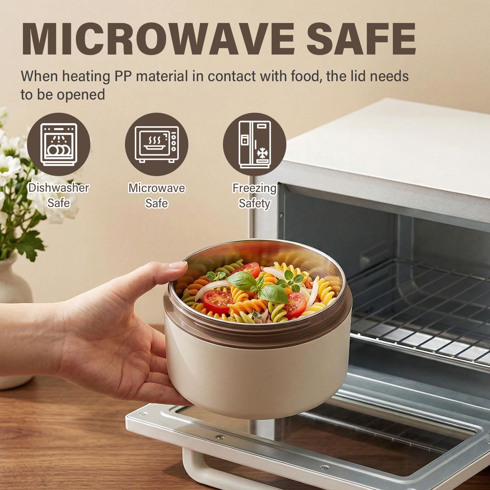 Contenitore Termico per Alimenti, 3 Strati, Lunch Box Termico Portatile con Cucchiaio Pieghevole, Grande Capacità Beige, Ideale per Ufficio, Scuola e Picnic