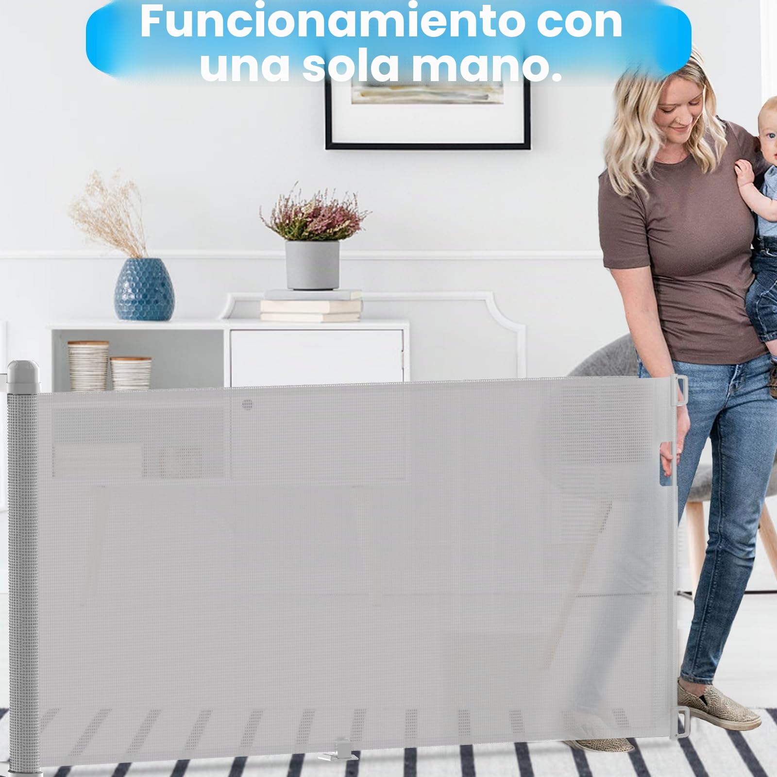 Barrera protectora para escaleras, extensible, 0-300 cm, para bebés, con doble cerradura, estable, barrera para perros, retráctil, para escaleras, puertas, pasillos (gris)