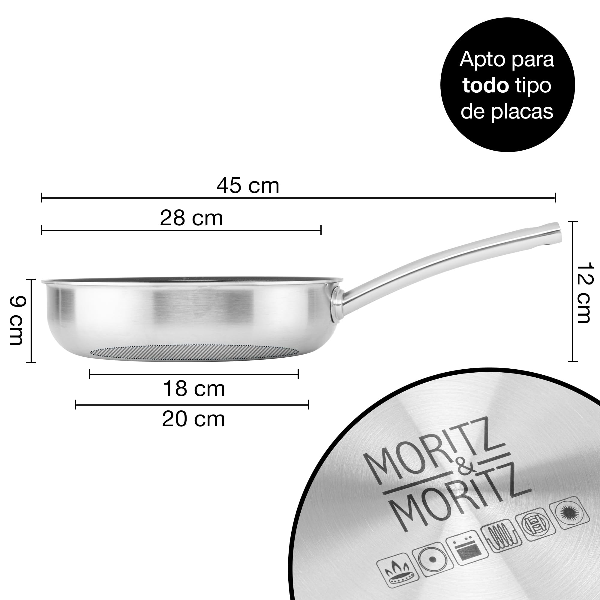 Moritz & Moritz Sartenes Antiadherentes Inducción 28cm de Acero Inoxidable Revestimiento Cerámico - Apta para todo Tipo de Placas - Sartenes Induccion Antiadherentes para Cocinar, Freír y Estofar