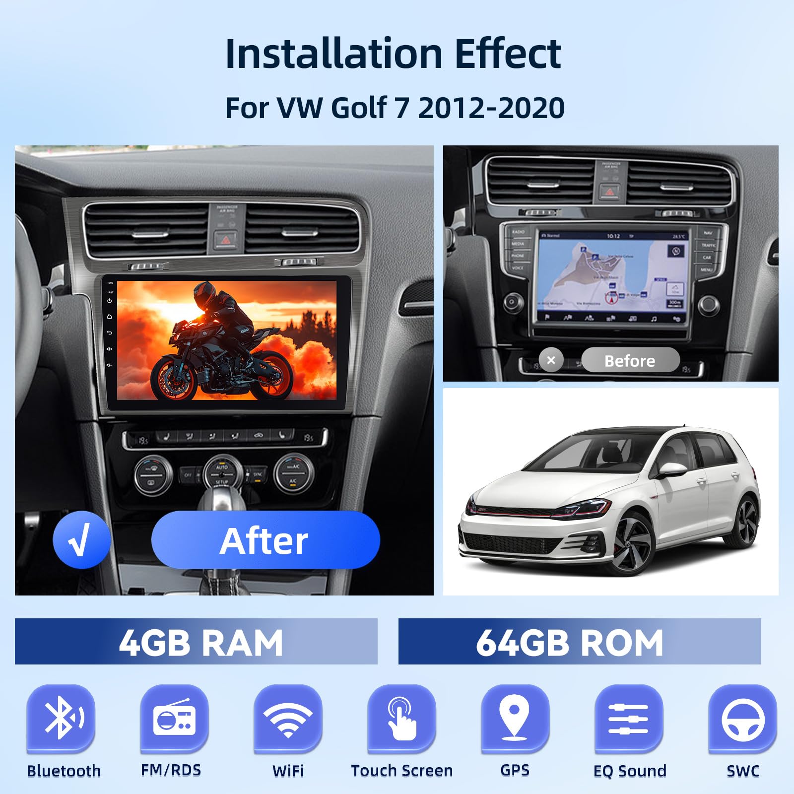 4G+64G Autoradio pour Volkswagen VW Golf 7 2012-2020+Carplay & Android Auto | Android Écran Tactile IPS 9 Pouces avec GPS, WiFi, 32EQ, Bluetooth 5.0, Radio FM/RDS, Carplay & Android Auto Sans Fil