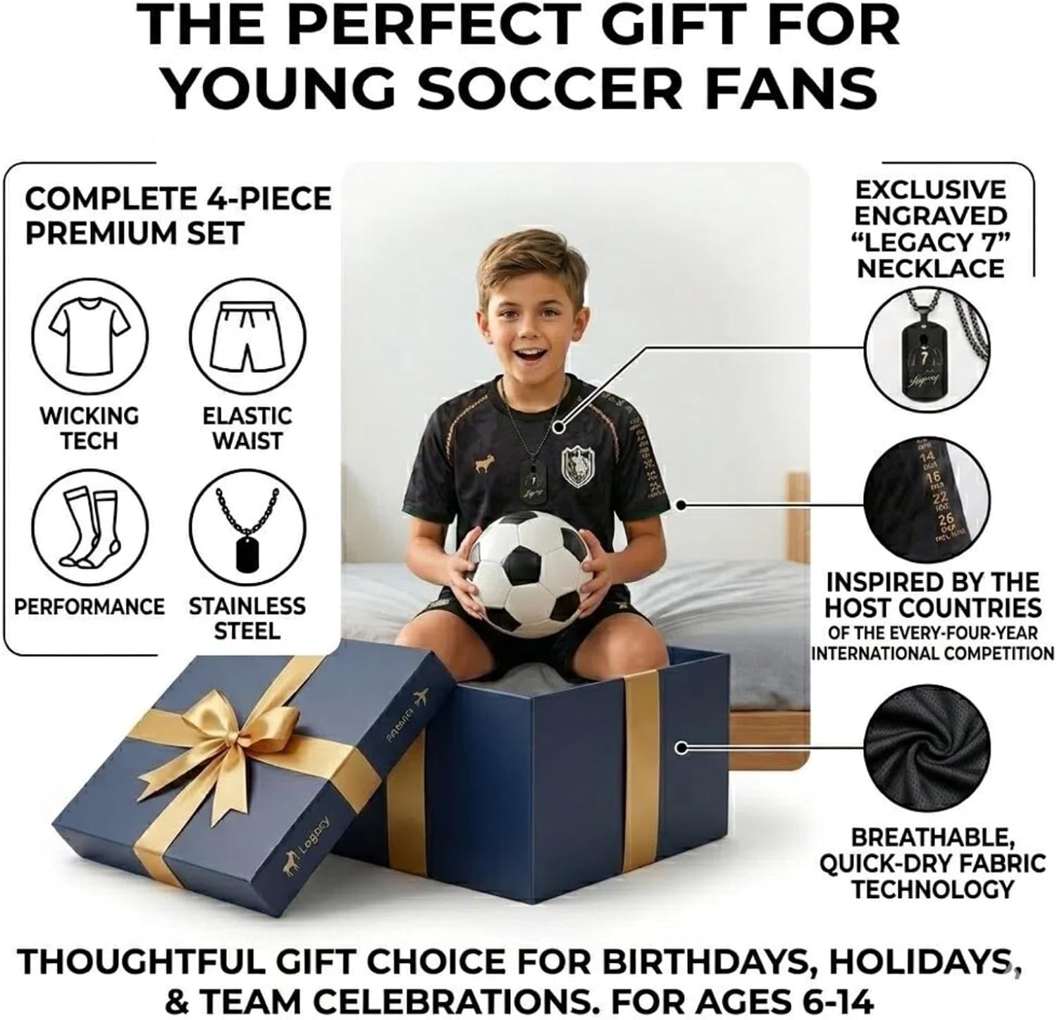Kids Soccer Jersey Uniform Set 4pc Youth Football Shorts Socks Necklace - Quick Dry Training Gear Gift Boys Children