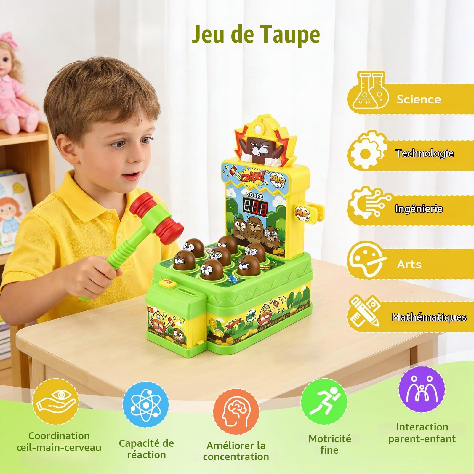 Jeu de Tape-Taupe pour Enfants dès 3 Ans, Jouet Musical Interactif avec 2 Maillets pour Développer la Motricité, Jouet Éducatif avec Effets Lumineux & Sonores, Jeu d'Arcade avec Écran LCD