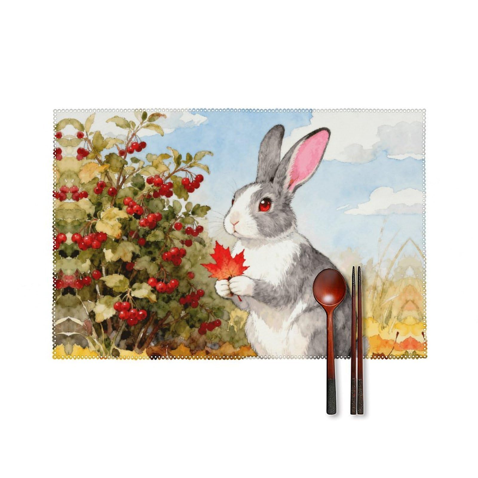 Fall Animal Placemats Set of 6, 12x18 Inch Heat Resistant Washable Canvas Table Mats, Stain Resistant Decorative Dining Placemats for Kitchen, Restaurant, Outdoor Party