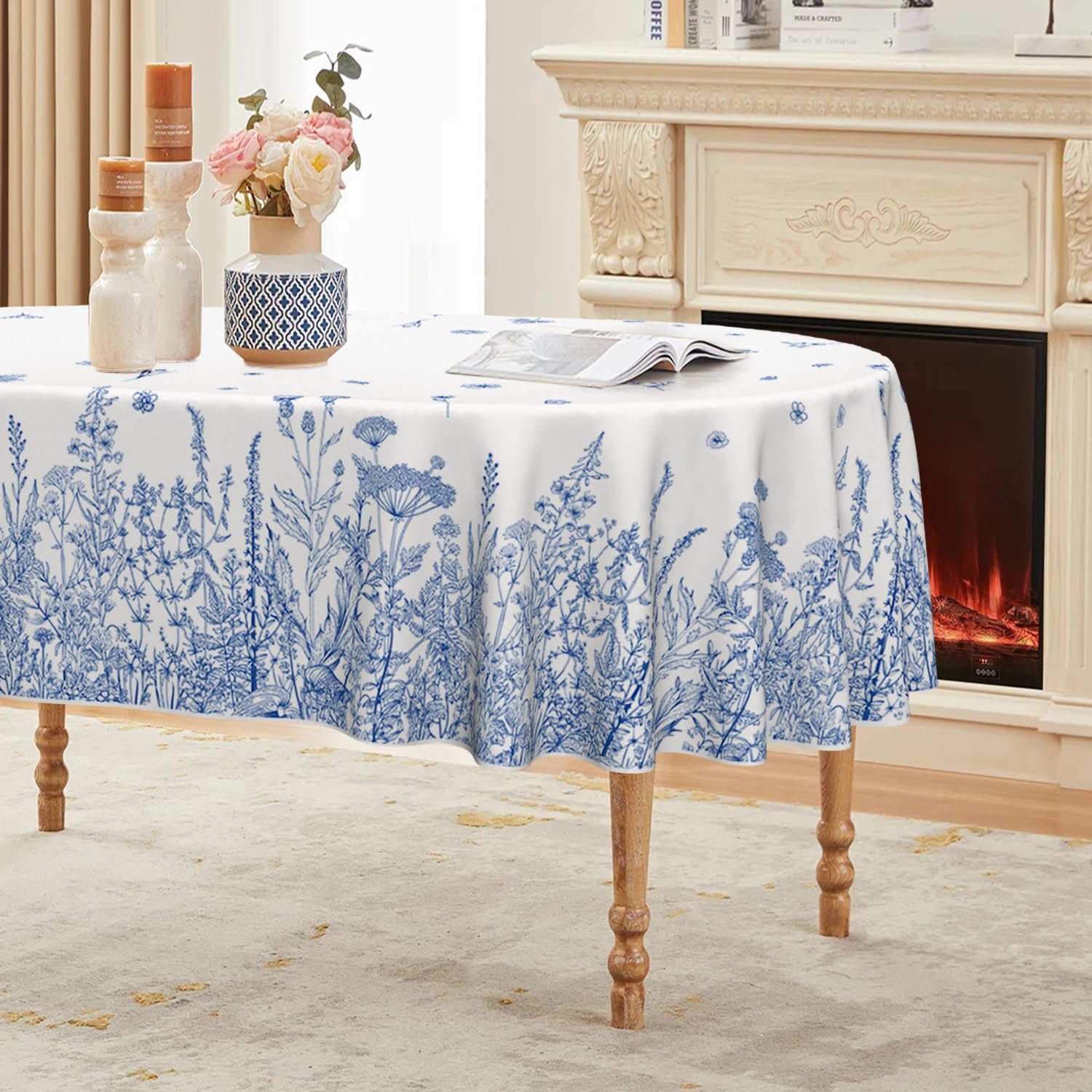 Horaldaily Spring Summer Tablecloth 60×84 Inch Oval, Wild Flowers Floral Blue Washable Seasonal Table Cover for Party Picnic Dinner Decor