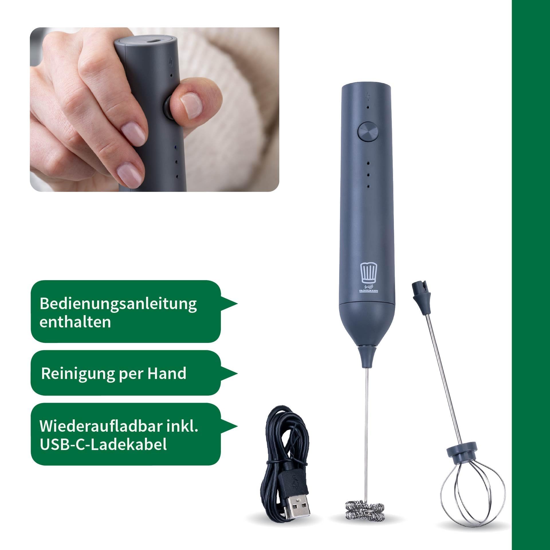Chefkoch incontra Fackelmann - Montalatte elettrico con 2 fruste, ricaricabile USB-C, 3 velocità, grigio scuro