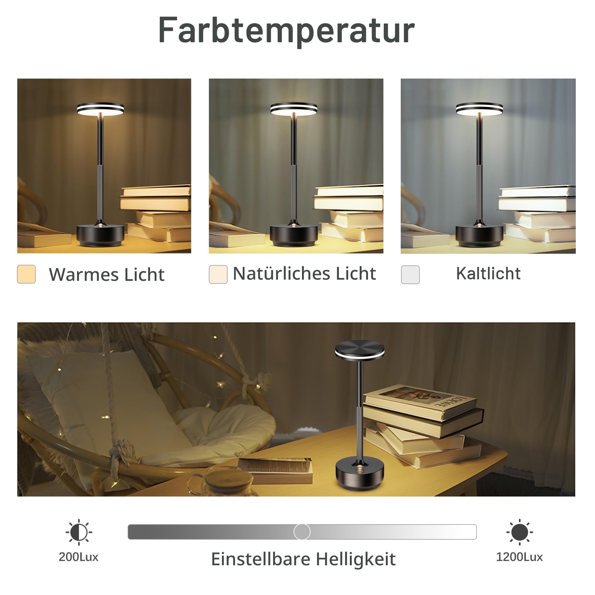 Hapfish 2 Stück LED Akku Tischlampe, 5000mAh Moderne Dimmbar Tischleuchte | Wasserdicht, 3 Farbtemperatur, Tischlampen Aufladbar für Indoor Outdoor Nachttisch Esstisch Terrasse (Schwarz)