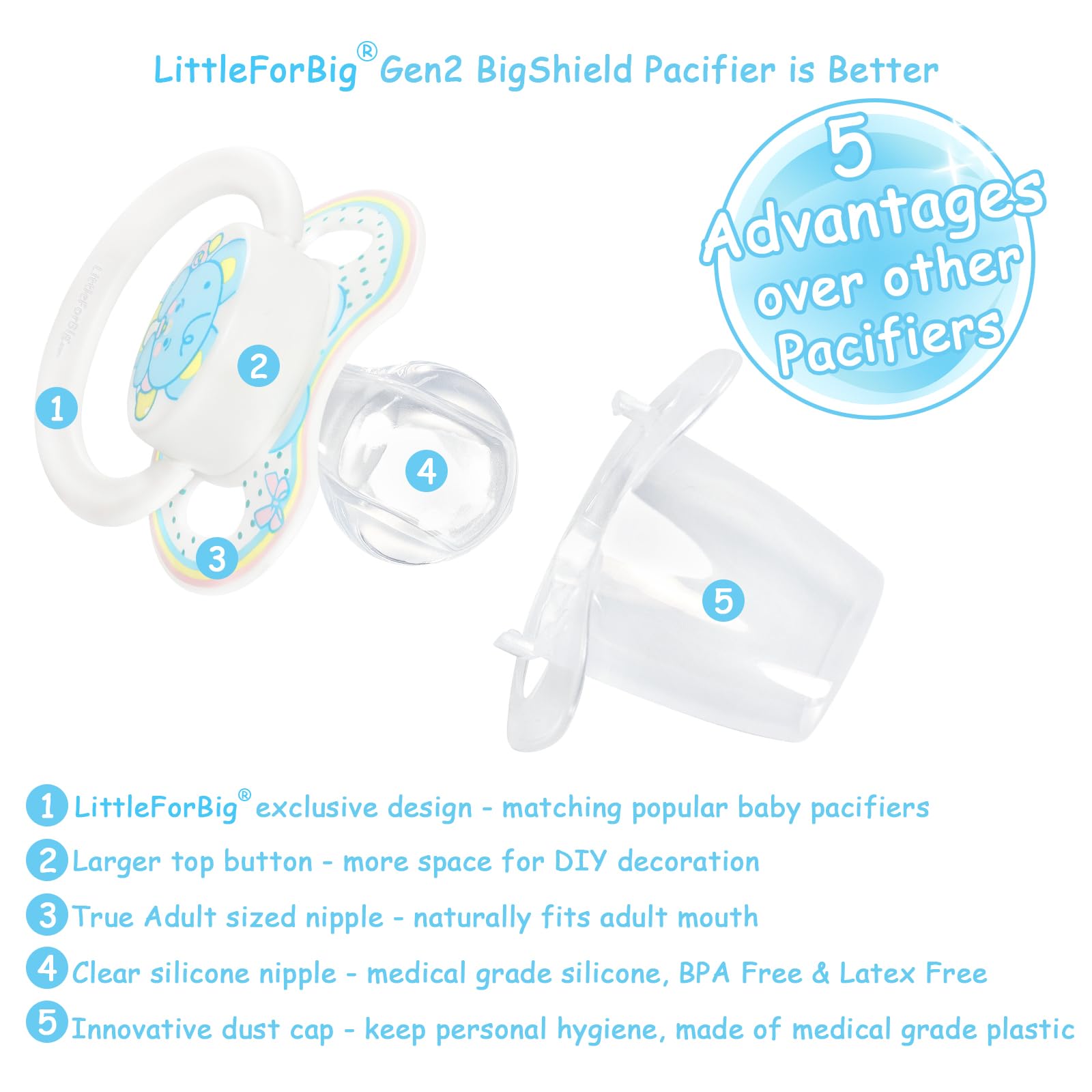 LittleForBig Bigshield Generation-II Adult Sized Printed Pacifier Set Baby Parade Pattern 3-Pack