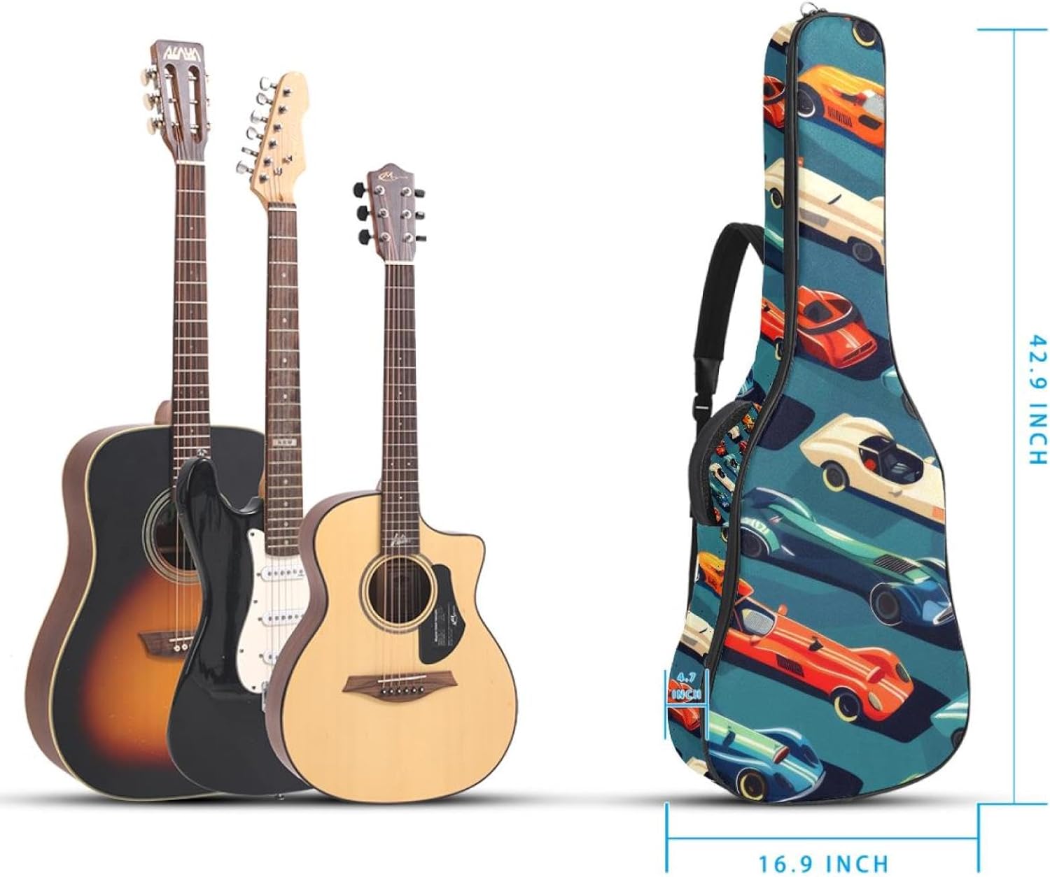 Acoustic Guitar Bag 0.4 Inch Thick Padding Waterproof Guitar Case Gig Bag for 40 41 42 Inch Electric Bass Classical Guitar, Cool Racing Cars Seamless