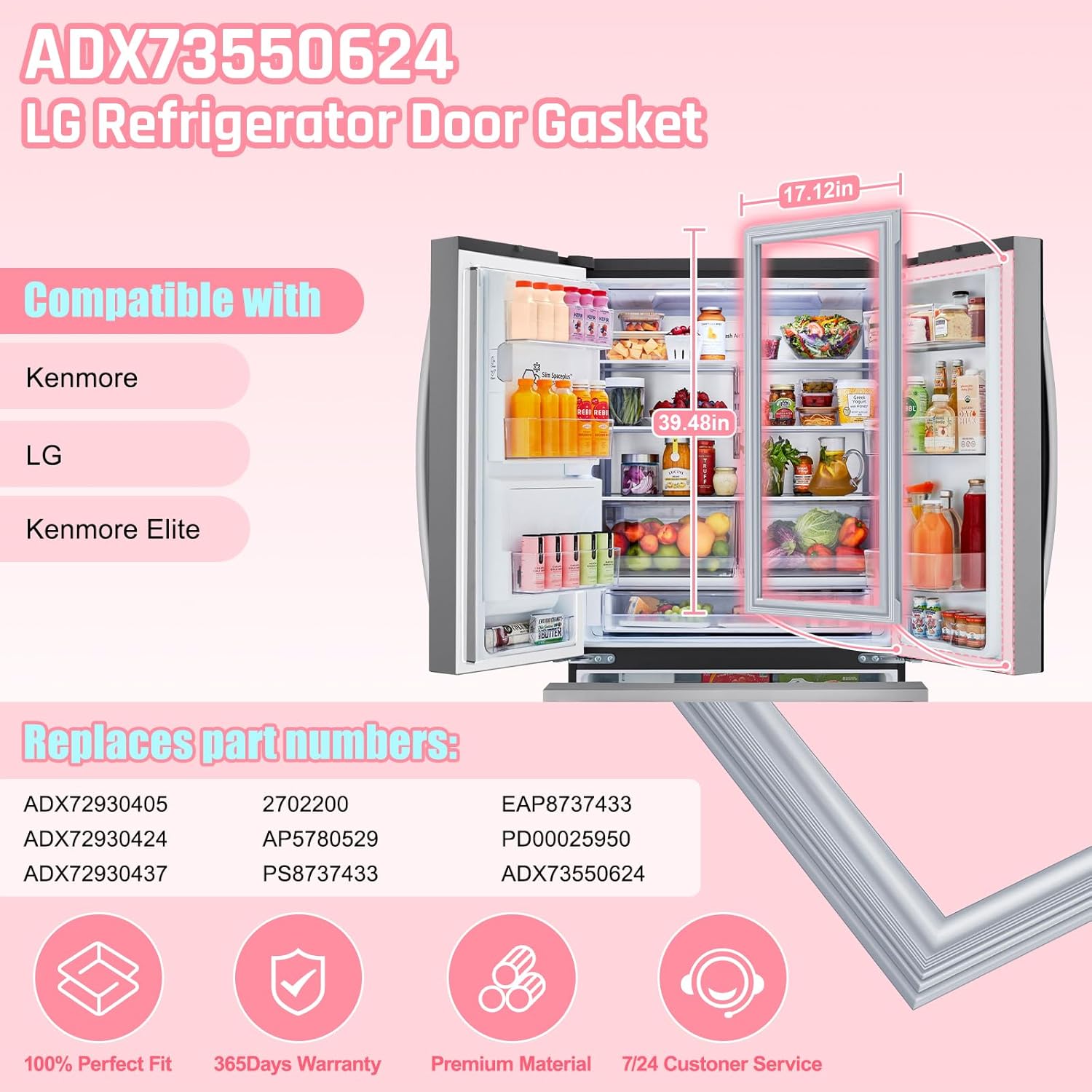 LXun Upgrade 39.48*17.12in ADX73550624 Refrigerator Door Gasket Compatible with kenmore LG Refrigerator Door Seal Replaces Part ADX72930405 ADX72930424 ADX72930437 AP5780529 PS8737433 EAP8737433 -GRAY