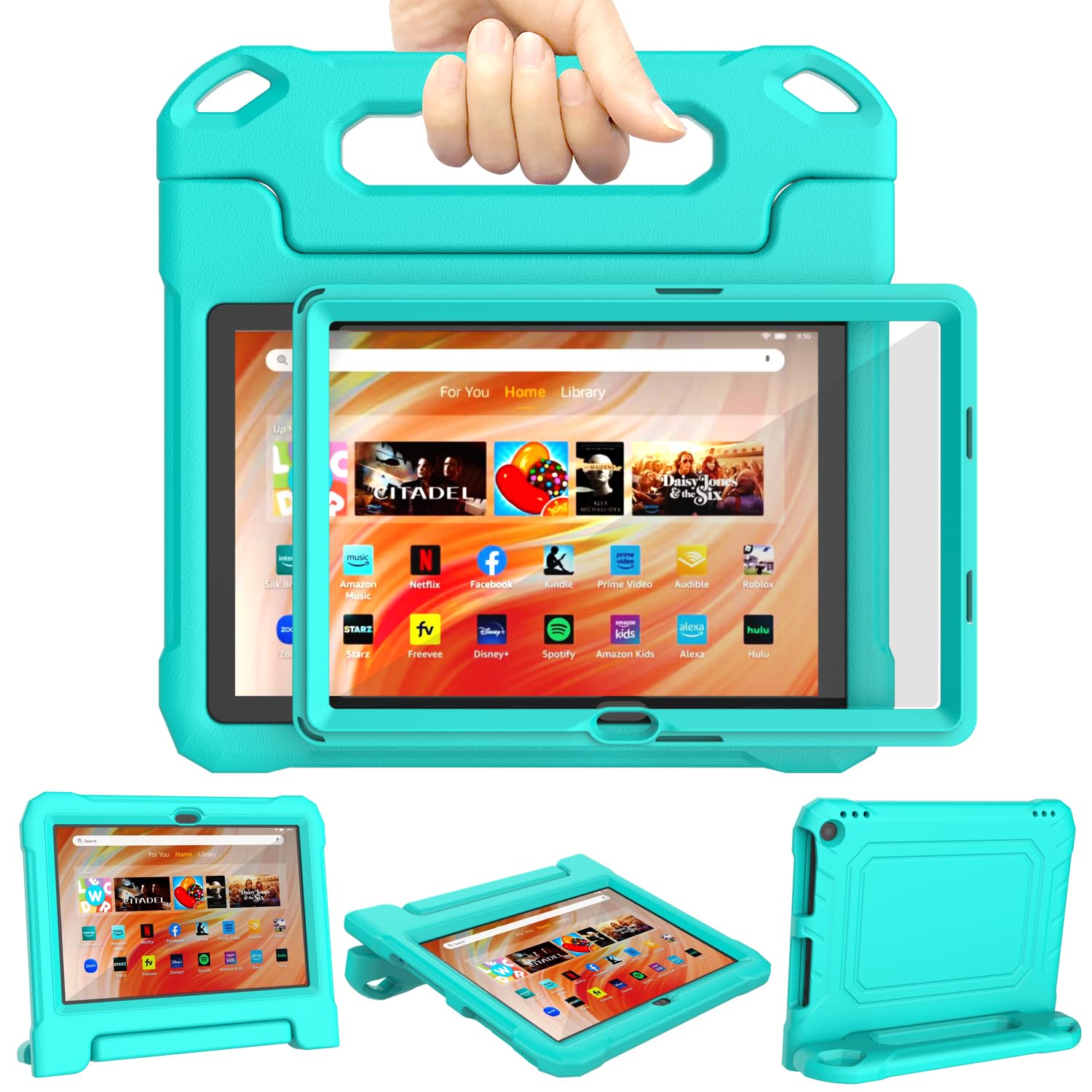 DJ&RPPQ Kids Case for 10inch Tablet, Shockproof Kid-Proof Cover with Protector Handle Stand Turquoise