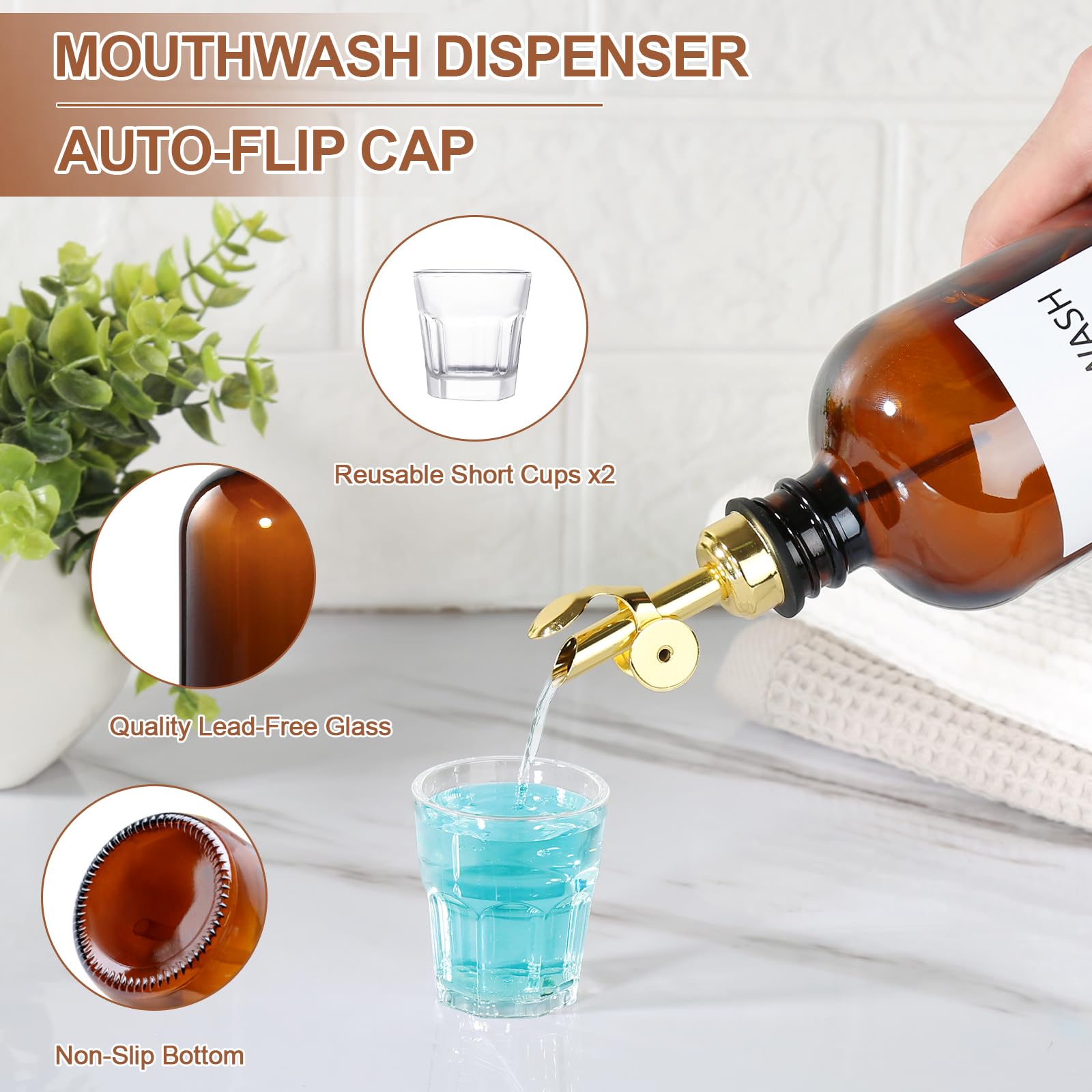 Mundwasserspender für Badezimmer, Glas-Mundspülspender mit Becher, Mundspülbehälterflasche mit Becher, nachfüllbarer Mundspül-Dekanter, 473 ml, bernsteinfarben, 2 Stück