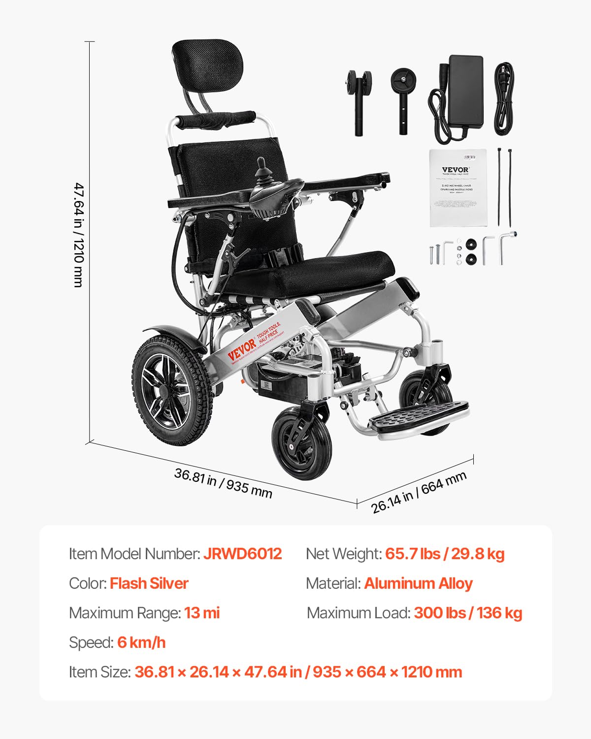 VEVOR Silla de Ruedas Eléctrica para Adultos Capacidad de 136 kg Respaldo Ajustable Plegable Ligera Motorizada Autonomía de 19,3 km Todoterreno Portátil para Personas Mayores, Discapacitadas