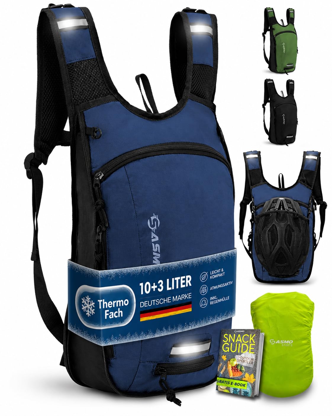 SASMO® Fahrradrucksack & Skirucksack 6L / 8L / 10+3L / 14+3L mit Thermofach, Helmnetz & Regenschutz | Ultraleicht - MTB Rucksack Herren & Damen | Kleiner Fahrradrucksack Herren & Damen