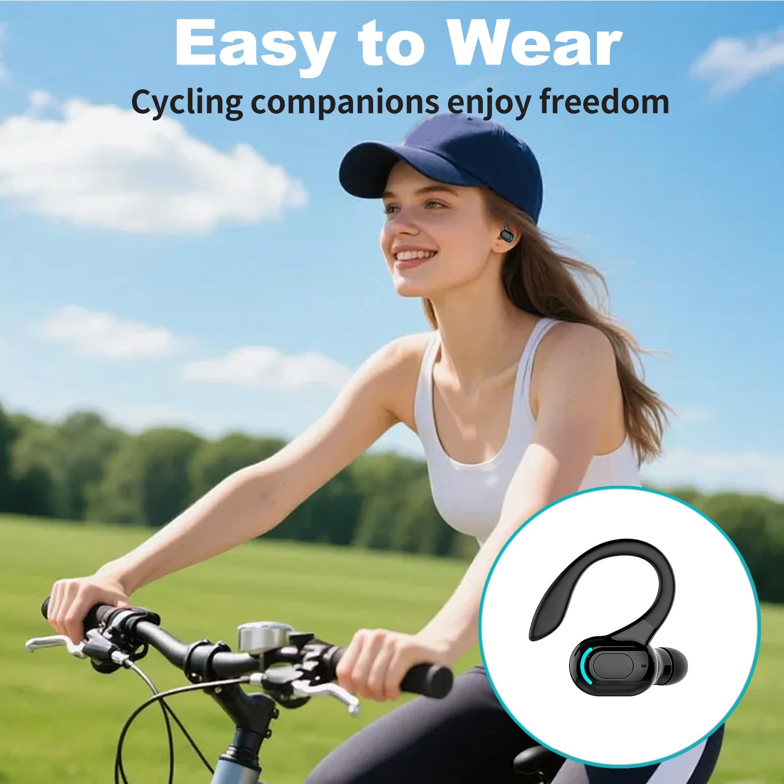 Auricolare Bluetooth Mono senza fili V5.2, microfono integrato a mani libere orecchio, 70 mAh, fino a 20 ore di riproduzione, design a 360° sopra l'orecchio, uso casco wireless per iPhone, Android e