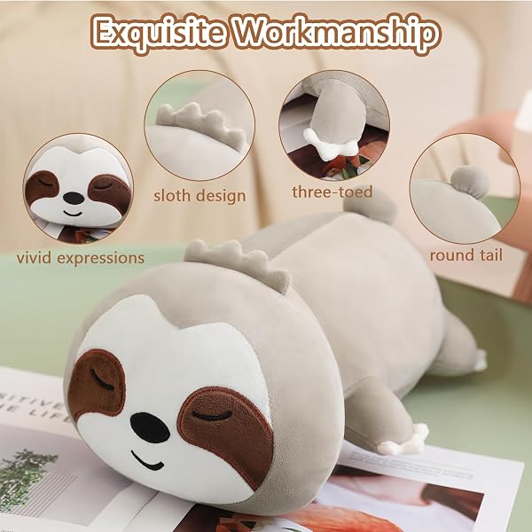 SQEQE Weighted Sloth Plush, Weighted Sloth Stuffed Animal for Anxiety, Cute Sloth Plushies Sloth Pillow Toy Gift for Kids Adults Brown 25CM - 3