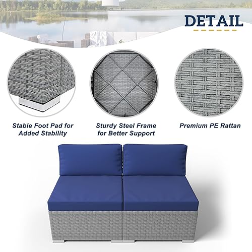 Miniatura 2 de EAGLE PEAK Juego de 2 sofás de mimbre sin brazos para exteriores, sillas sin brazos para patio al aire libre con cojines extraíbles, sofá biplaza de