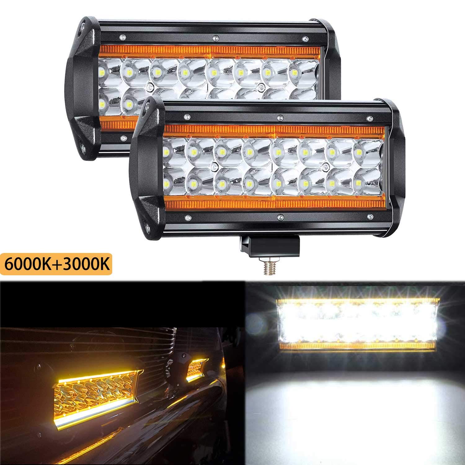 LED Light Bar Amber Lights, YUGUANG 7Inch 3000K+6000K Led Driving Lights Fog Lights with DRL/Angel Eye 240W 24000LM Spot Flood Combo Quad Row Off Road Lights, 2PCS