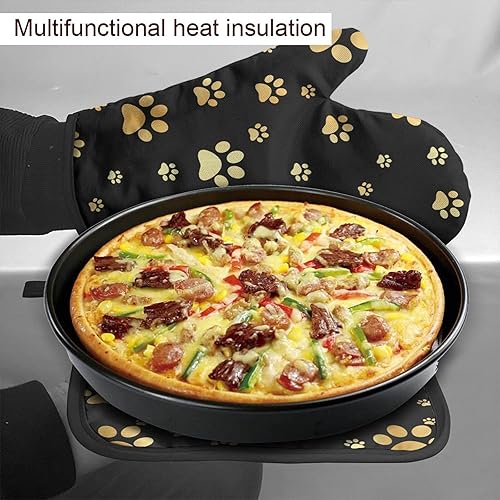 Miniatura 4 de Juego de manoplas de horno y soportes para ollas de perro dorados, resistentes al calor, huellas doradas, guantes de cocina decorativos, guantes de