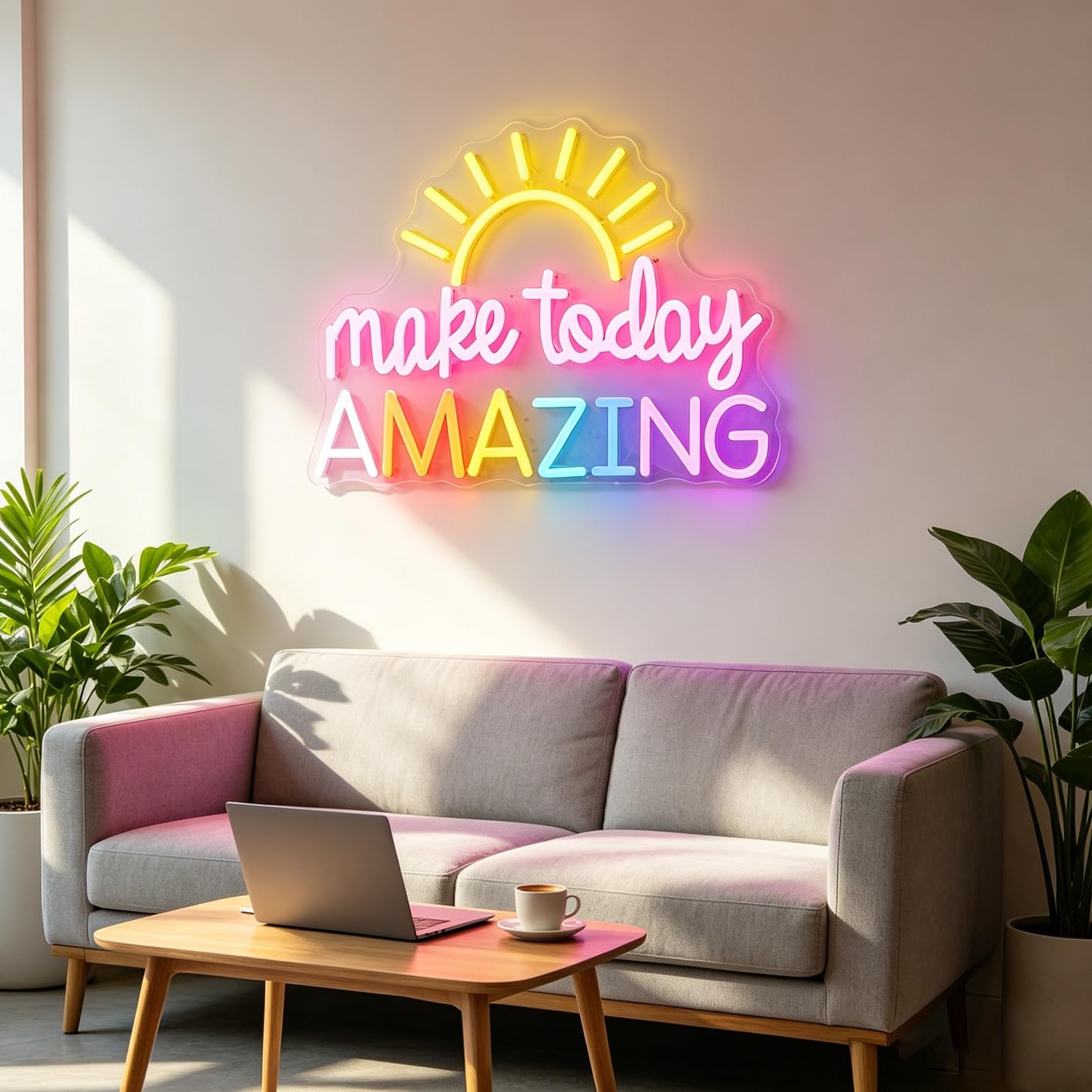 Letrero de neón personalizable con icono de amanecer, motivación matutina personalizable, decoración de pared LED para dormitorio, oficina en casa