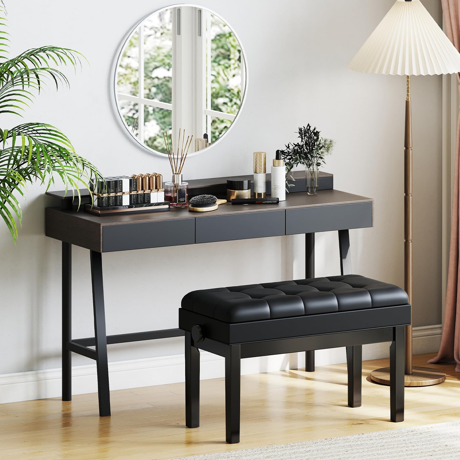 GIANTEX Klavierbank mit verstellbarer Höhe 48-58 cm, gepolsterte Klavierbank für 2 Personen, Hocker mit Stauraum und rutschfesten Füßen, Schwarz