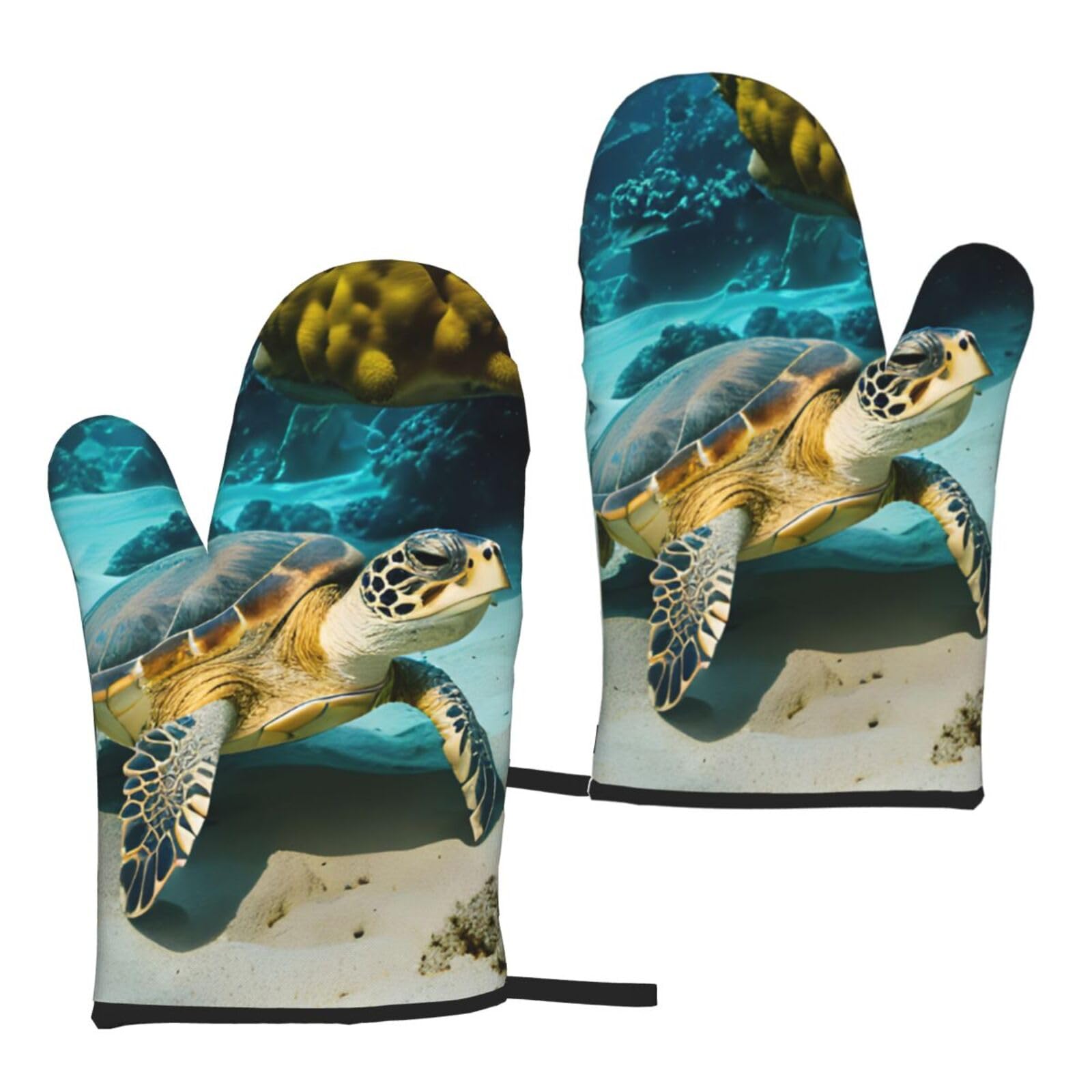 Nimongt Women's Black Sea Turtle Print Adults Universal Fit Heat Resistant Oven Gloves Reusable Cooking Outdoor Grilling