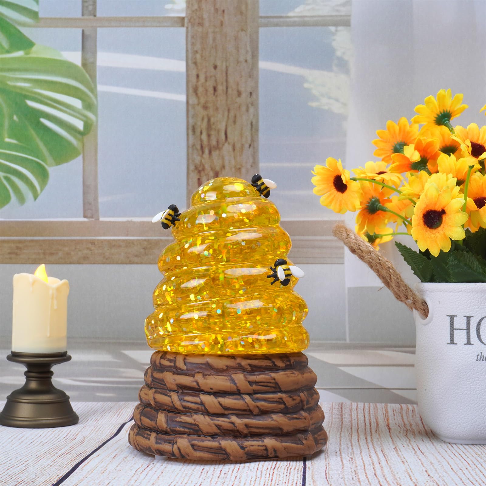 Boule à neige en miel avec minuterie de 6 h, boules à neige à paillettes tourbillonnantes pour printemps et été, fonctionne avec USB/piles, pour la journée mondiale des abeilles, le printemps, les