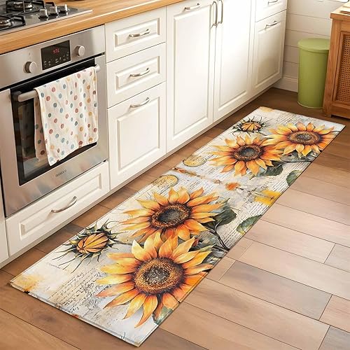 2x6 Kitchen Runner Rug, Sunflower Flowers Retro Non-Skid Rubber Backing Large Rectangle Rugs - Living Room Bedroom Home Office, Watercolor Botanical