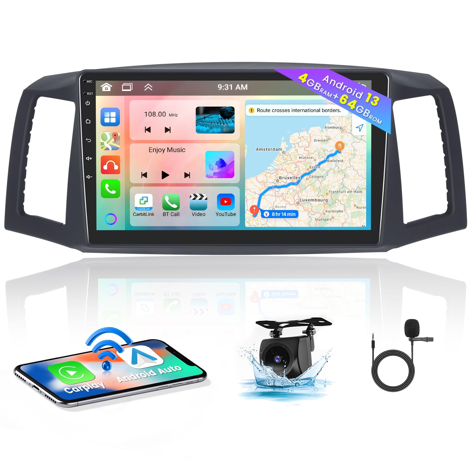 for Jeep Grand Cherokee 2004-2007 Radio, 8 Core 4+64GB Android 13 Car Stereo 10.1 Inch IPS Touchscreen Car Radio with Wireless Carplay Android Auto 59UI GPS WiFi 32EQ DSP Backup Camrea