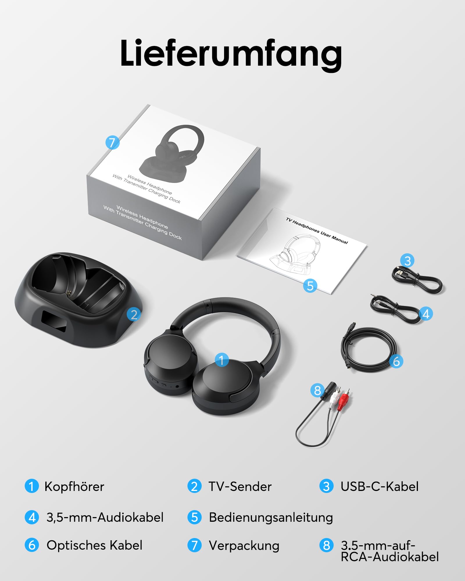 Doohoeek Kabellose TV Kopfhörer Bluetooth 6.0, Over-Ear Funkkopfhörer mit Ladestation&Digital Display, Plug&Play, 60H Akku Laufzeit, Klappbar Headset für Fernseher(Optisch, AUX, RCA Kompatibel)