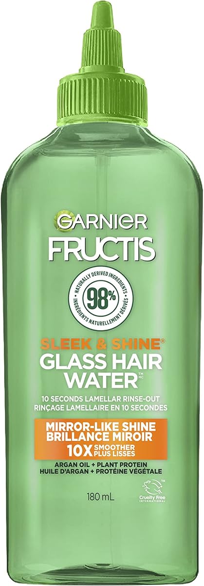 Fructis Sleek & Shine Glass Hair Water, enjuague laminar de 10 segundos, aceite de argán, 6.0 onzas líquidas, 1 unidad (el embalaje puede variar)