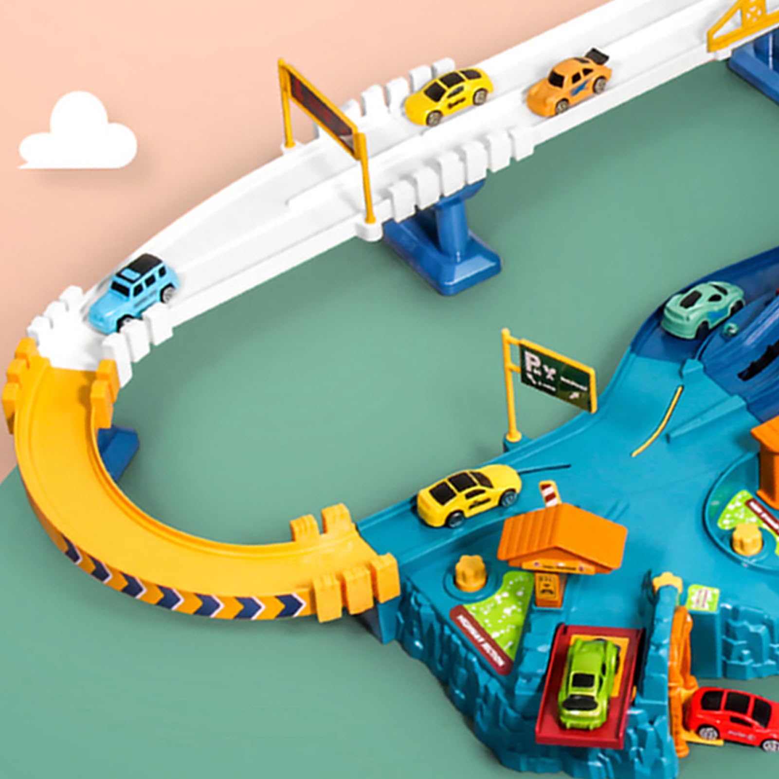Rieles de Coche de Juguete, Pista de Aventura Flexible para Niños Pequeños, Juego de Vehículos Eléctricos, Regalo (Caja de Color de autopista (estándar para 4)