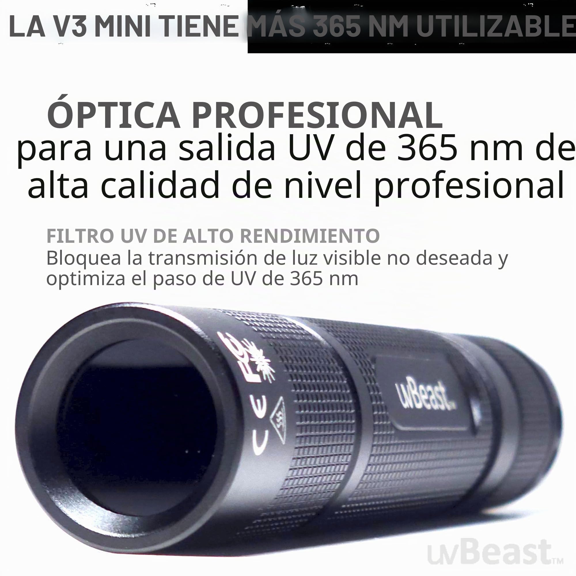 uvBeast Nueva V3 365nm MINI - Linterna UV de luz negra - Ultravioleta pura de alta definición - Grado profesional de alta potencia mejorada 5 núcleos UV LED - Stock de EE. UU