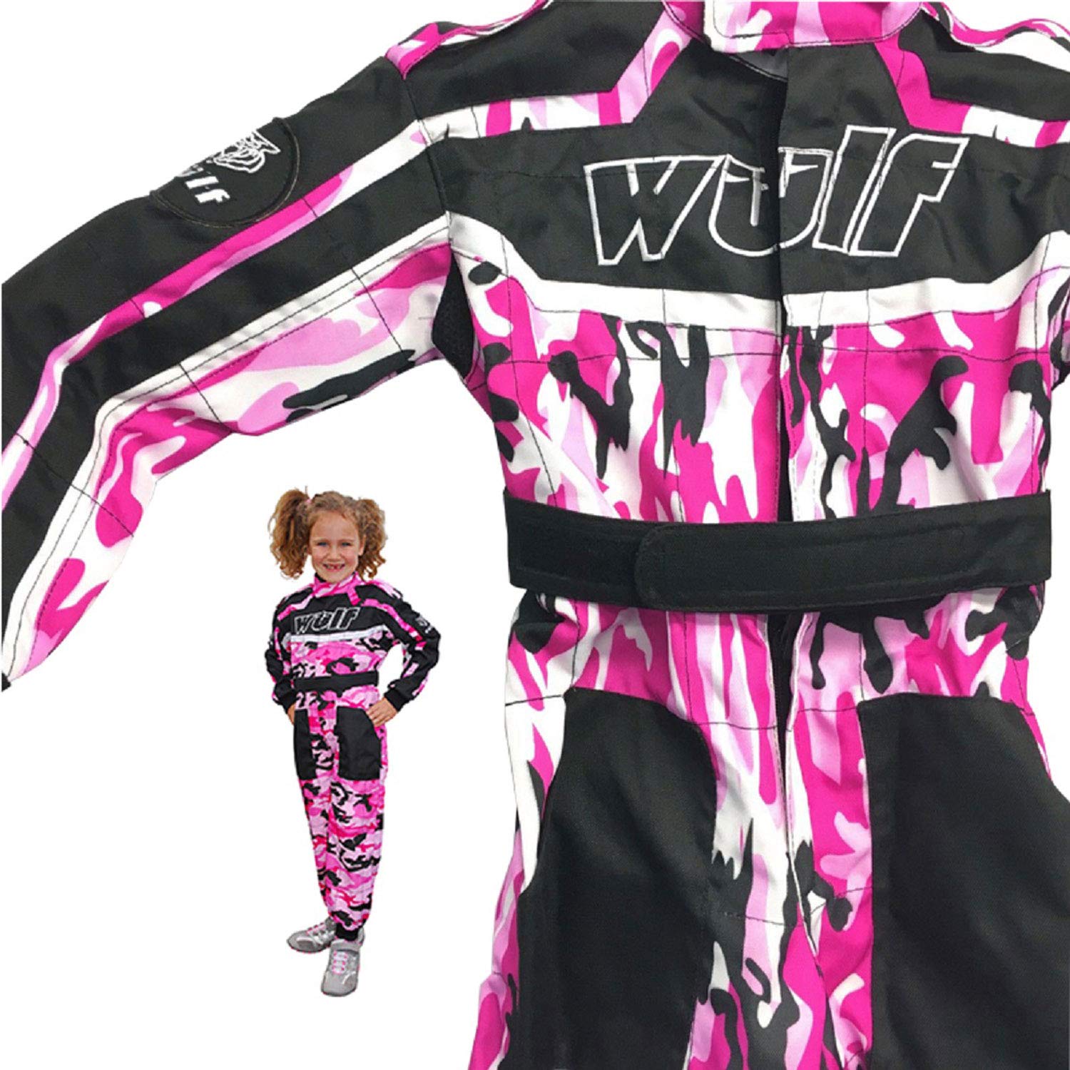 Wulfsport Kids 1 Piece Motorcycle Kart Race Suit Camo Pink MX MTB ATV Downhill Adventure Enduro Offroad Bike (S (5-6 Yrs))