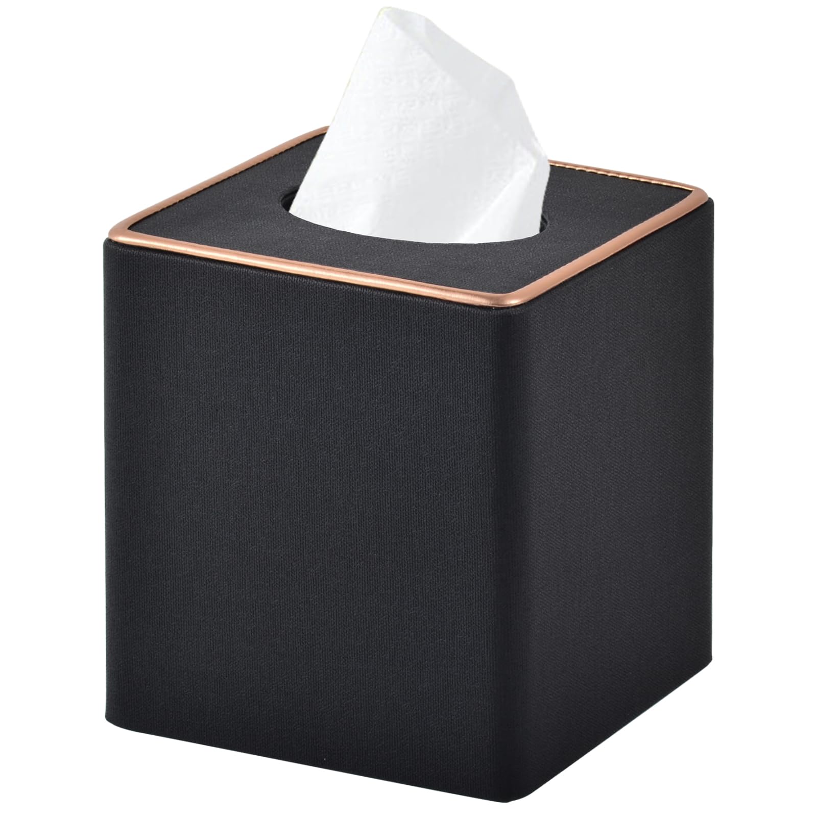 Linen Square Tissue Box Cover,Cube Tissue Box Holder－Excellent Rosegold Leather Decoration,Table Napkin Case Dispenser,Facial Tissues Organizer with Magnetic Bottom for Home Office Car(Black)