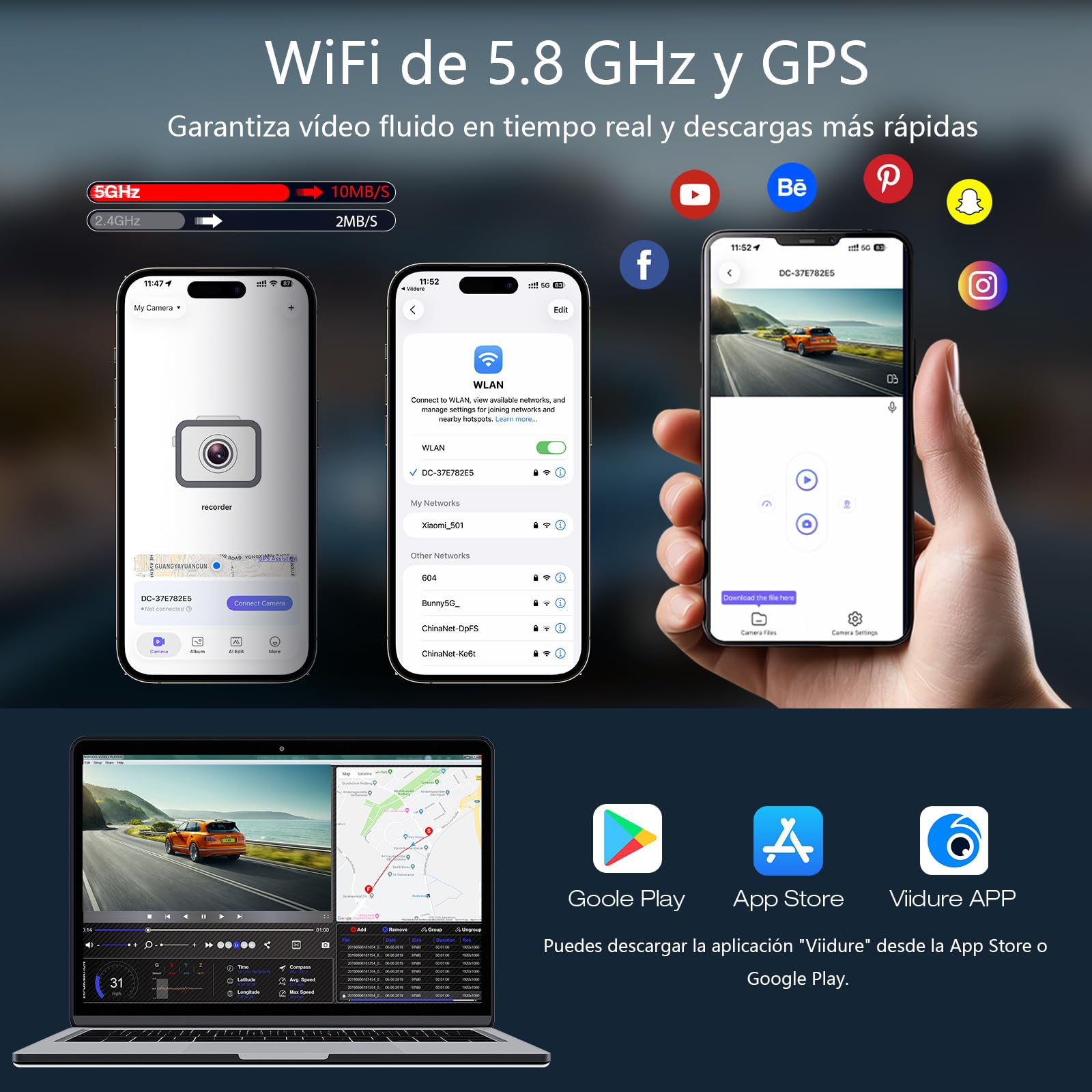 4K+2.5K Dual Trasera Delantera Cámara Salpicadero, GPS 5.8 GHz WiFi Integrado, Tarjeta 64 GB Incluida, Pantalla IPS 3.16 Pulgadas, Control App, Grabación Doble Canal