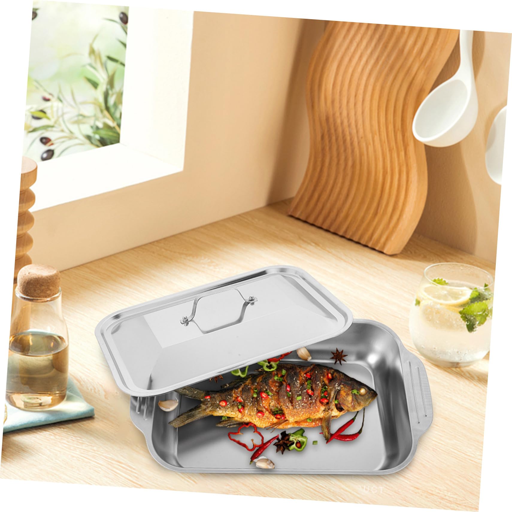 Grill Und Backblech Aus Edelstahl Mit Deckel Rechteckige Tiefe Form Für Fisch Und Fleisch Multifunktionales Bratgeschirr Für Backofen Und Grill 41x22x7,5cm