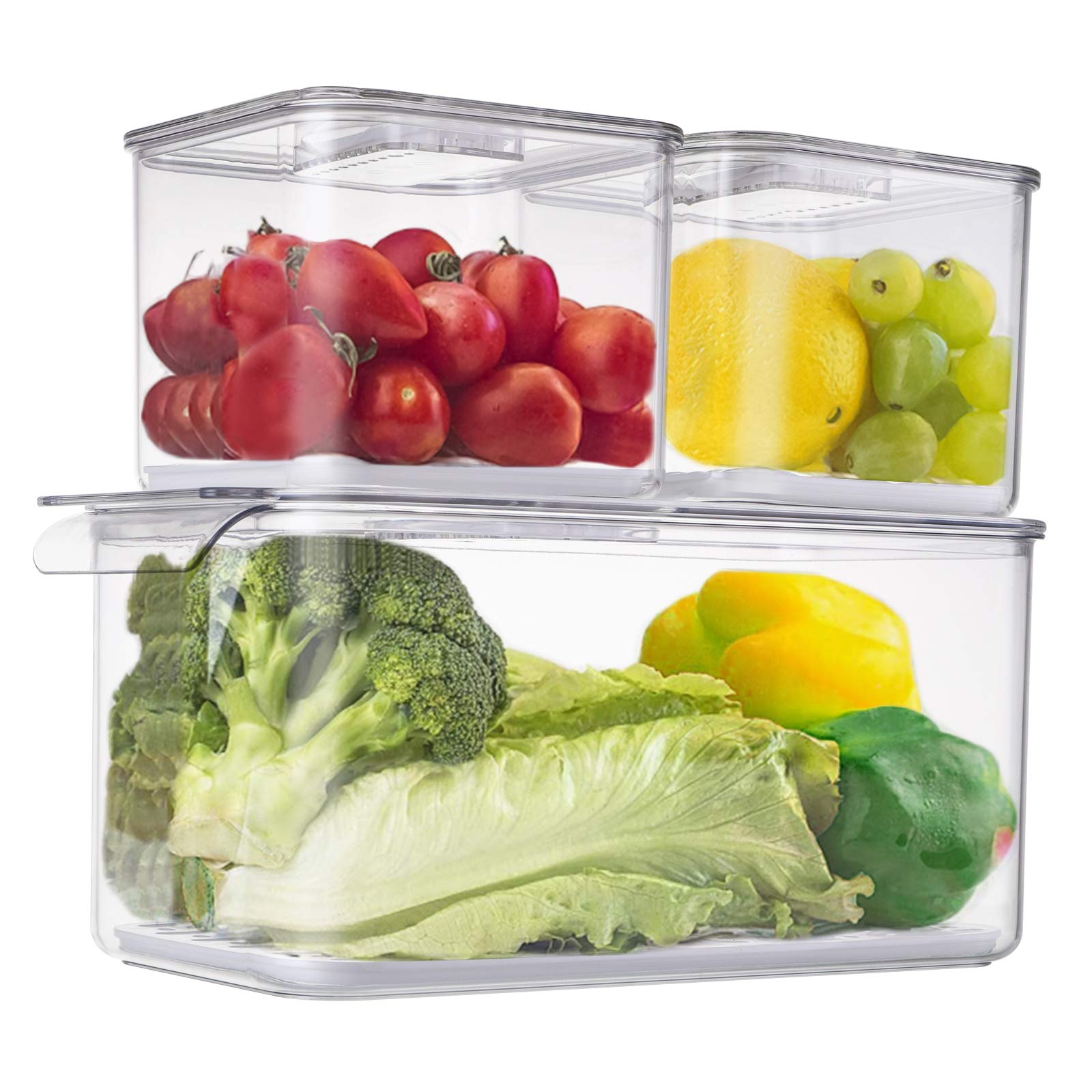 Yopay 3 Pack Food Storage Containers Fridge Produce Saver, Stackable Fruit Organizer for Refrigerator with Removable Drain Tray Lids, Veggie Containers Drawers Bins for Strawberry, Vegetables, Berry
