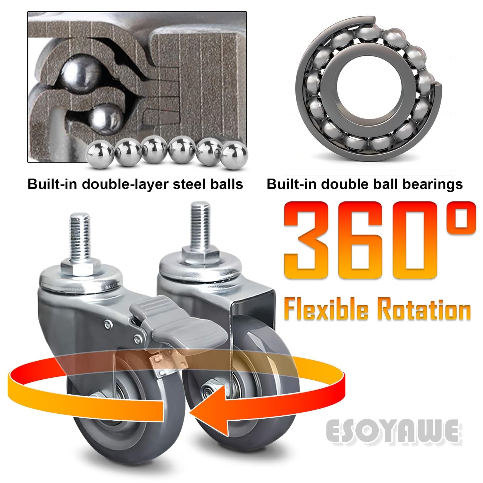 Roulette Pivotante À Tige Filetée M12 Lot De 4, 63 75 100mm Roues Silencieuses En Polyuréthane, Roulettes De Transport Industriel Avec Frein, Pour Chariot À Main, Tables De Travail, Meuble(Brake,100mm
