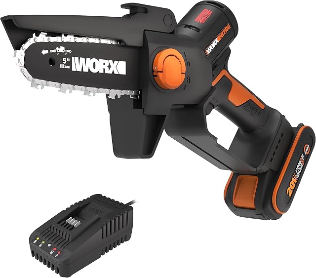 WORX WG325E Nitro Mini piła łańcuchowa 20 V  jednoręczna piła łańcuchowa  wydajny silnik bezszczotkowy  długość miecza 12 cm  lekka i kompaktowa  automatyczne smarowanie łańcucha  w zestawie