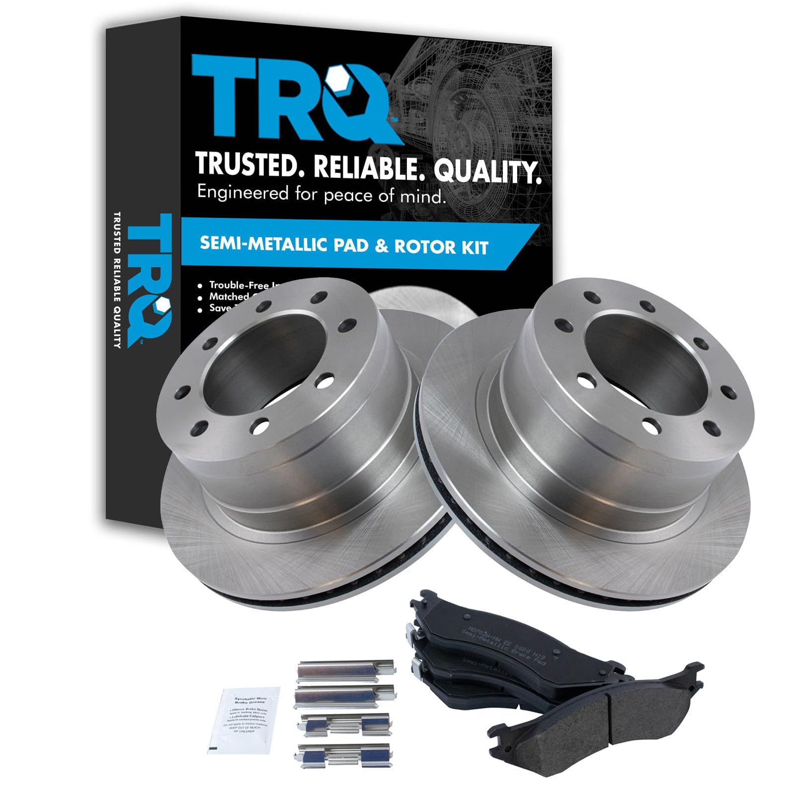 TRQ Rear Brake Pad &amp; Rotor Kit Semi-Metallic Compatible with 2006-2008 Dodge Ram 1500 2003-2008 Ram 2500, 3500