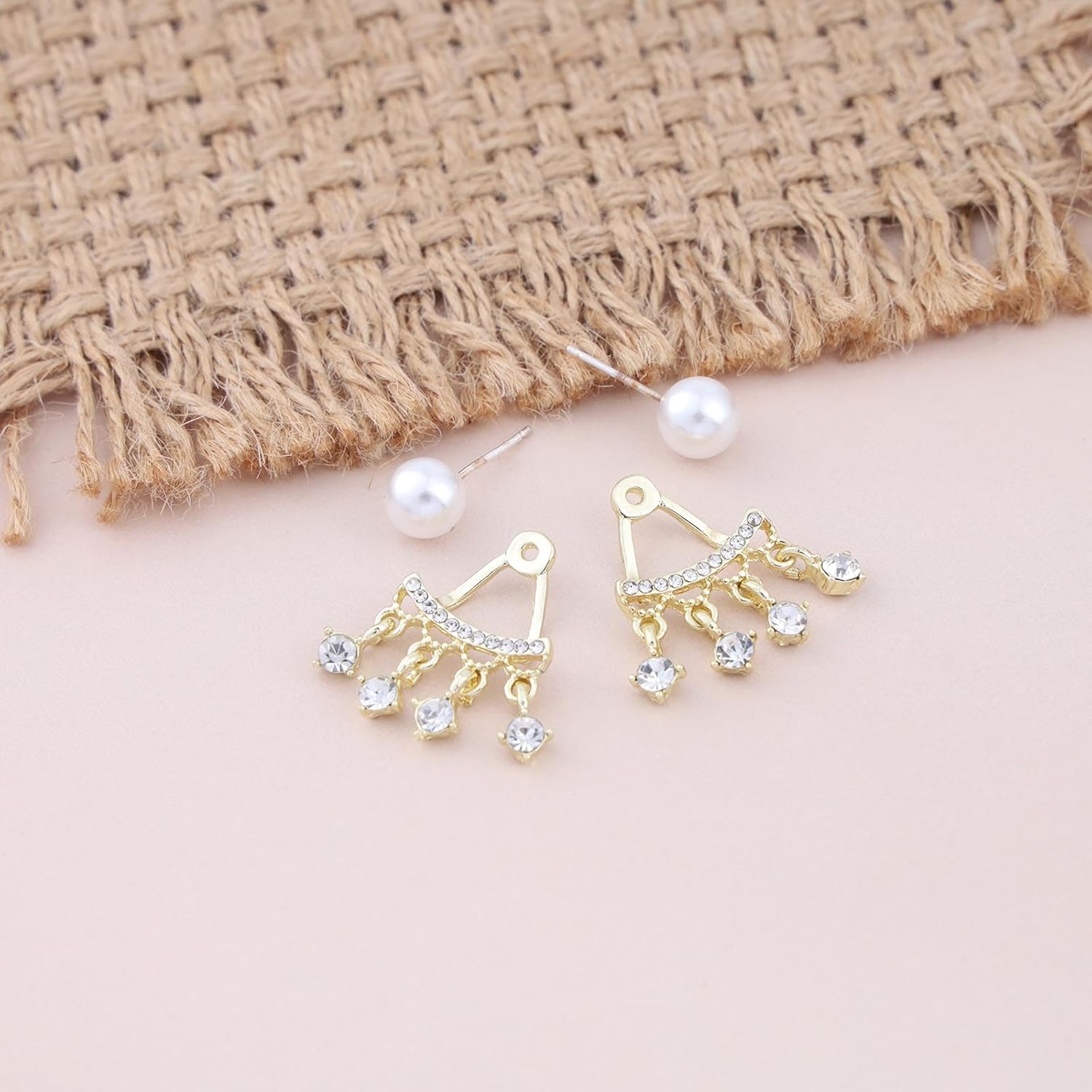 Sparkly Pearl Crystal Ear Jacket Earrings Crystal Dangle Climber Earrings Gold Pearl Front Back Earrings Cz Rhinestone Earrings Bling Wedding Earrings Jewelry for Women - Image 4