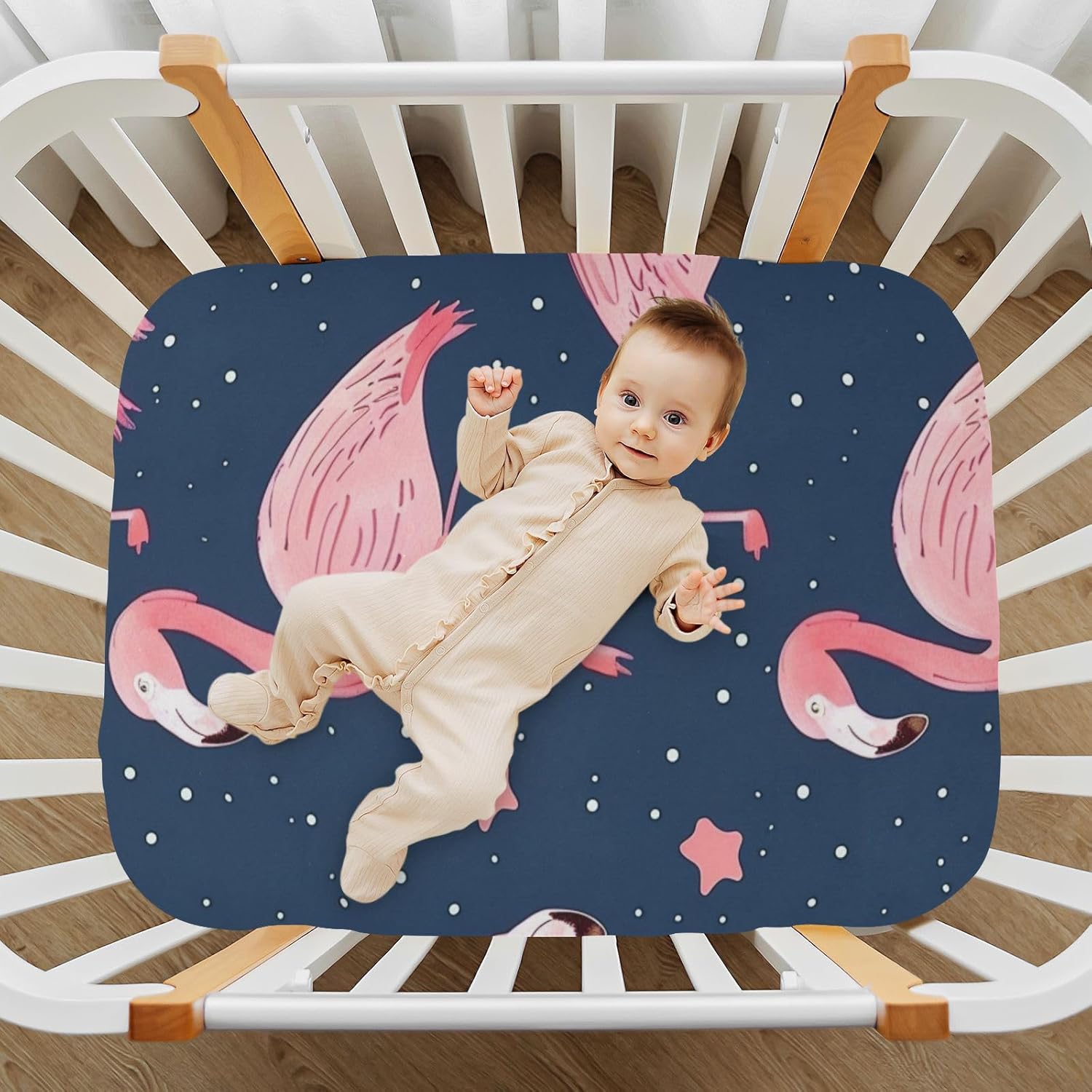 Crib Sheets Baby for Boys Girls Breathable Neutral Toddler Bed Sheets for Standard Size Toddler Mattress 39x27 Inch Deep Blue Flamingos and Stars